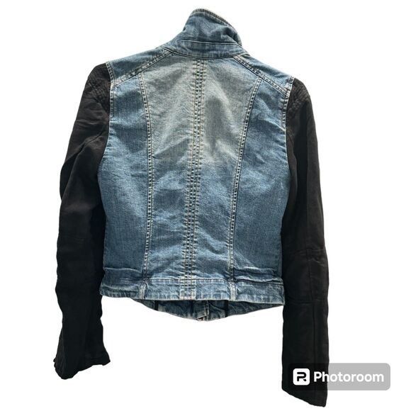 Armani A/X Denim Jacket, Black Cloth Sleeves, Zip Close Moto Fitted Denim Style - Picture 3 of 8